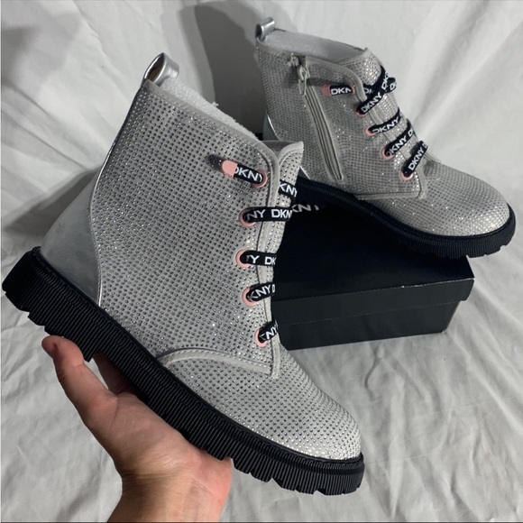DKNY Silver Black Rhinestone Combat Boots New With Box - Picture 2 of 7